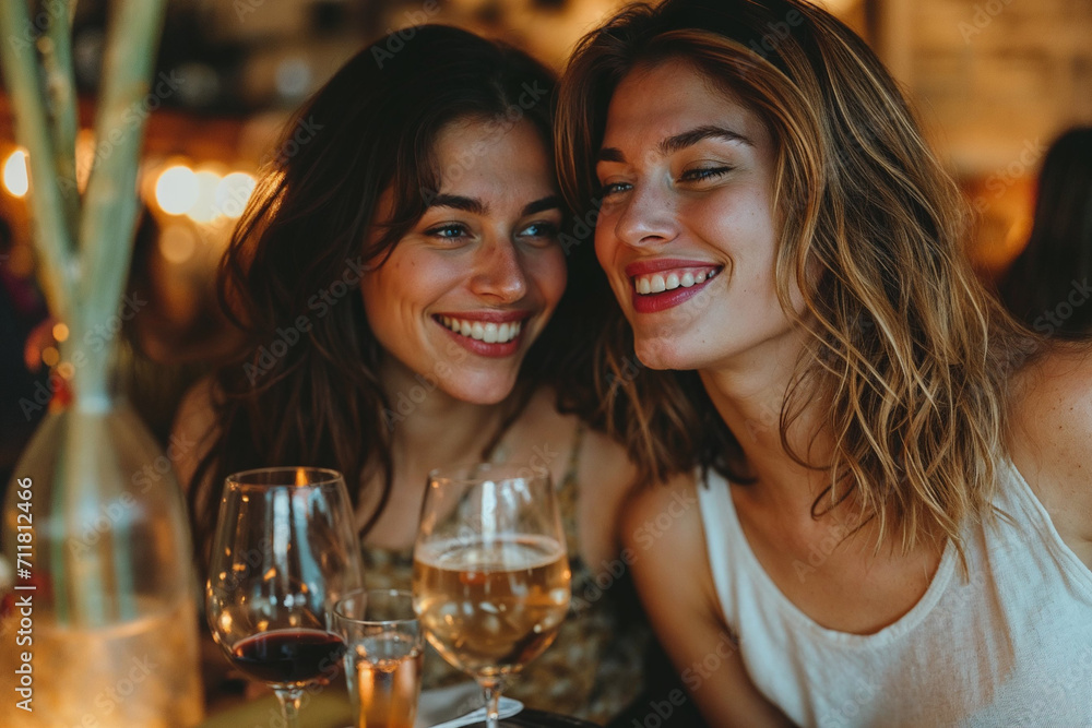 Two young women sharing a moment of laughter over glasses of wine, a celebration of female friendship.