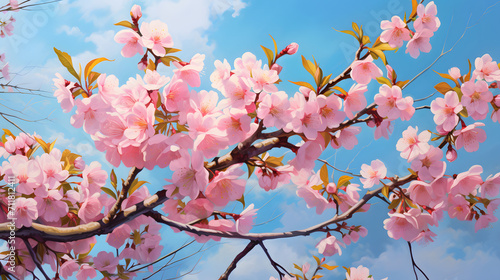 sakura cherry branch with pink flowers, bright blue sky background