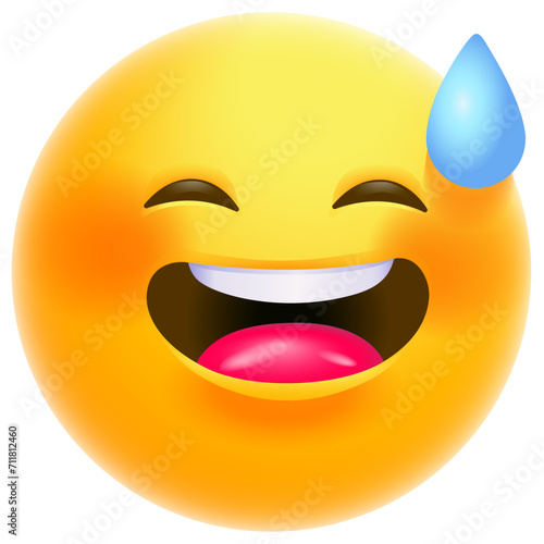 Sweat smile icon. Awkward emoji. Embarrassed laughing emoticon, yellow face with sweat drop.