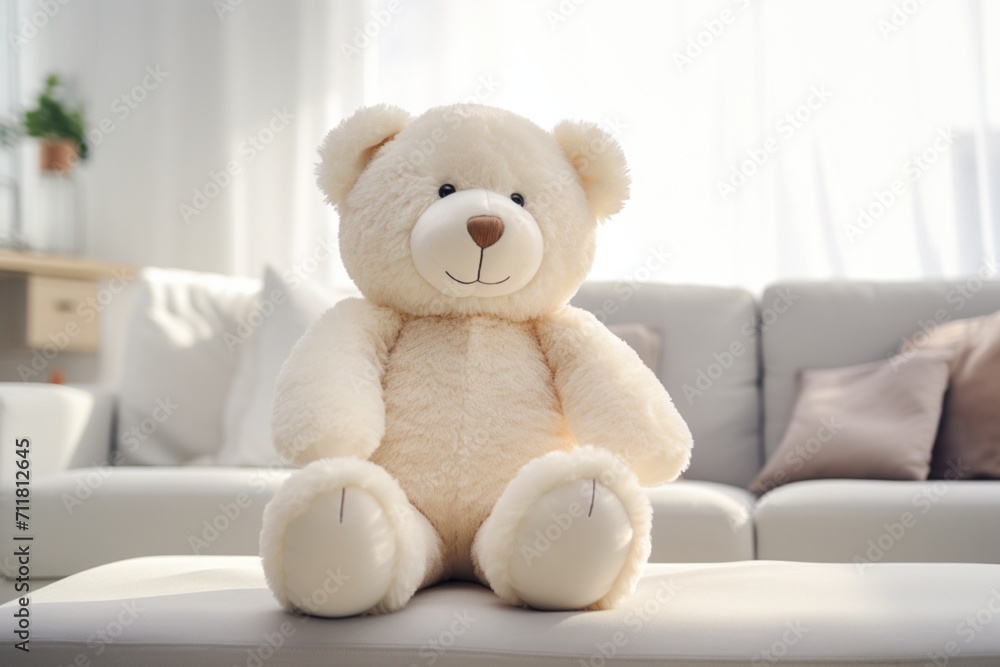 White plush teddy bear a whimsical children's toy for big girls sitting in a sunlit room its large size and inviting demeanor captured in high definition ready to bring joy and comfort