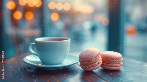Cozy coffee break with pink macarons at a cafe table photo