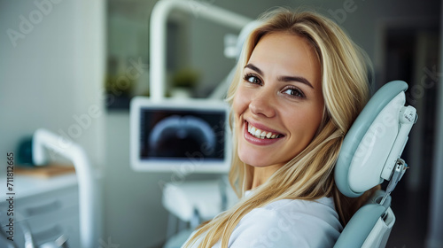 smiling blond woman in dentist surgery having dental checkup