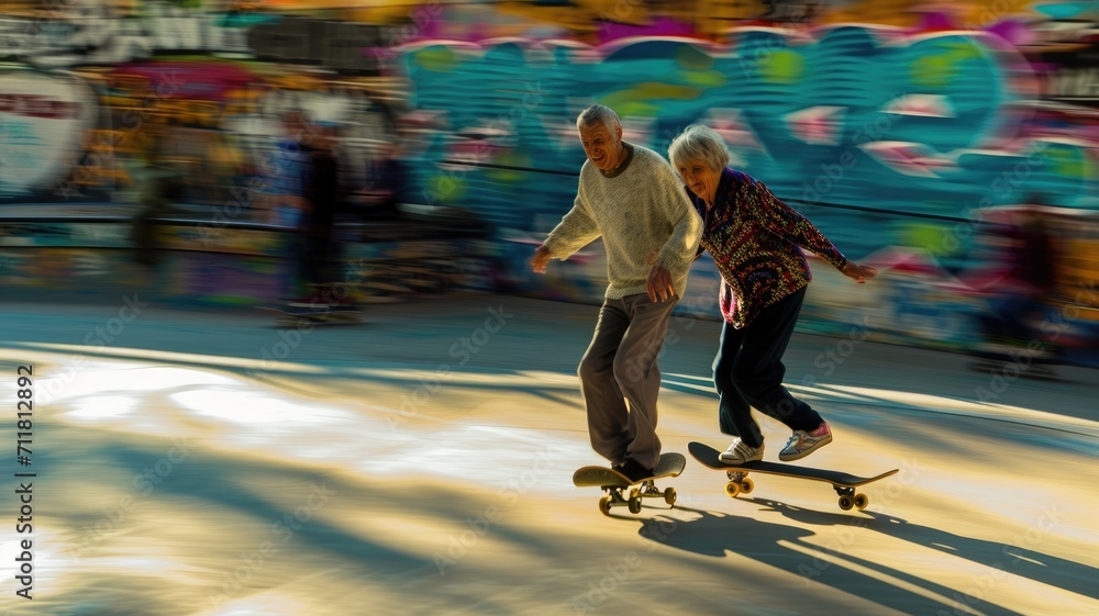 senior couple play in skateboard park pragma , happy retirement concept