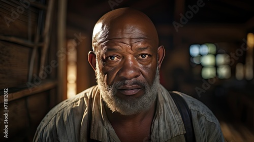 close-up portrait of a bald and bearded African American senior man in a log cabin.