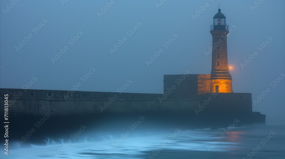 Misty oceanfront lighthouse illuminating dark evening waters