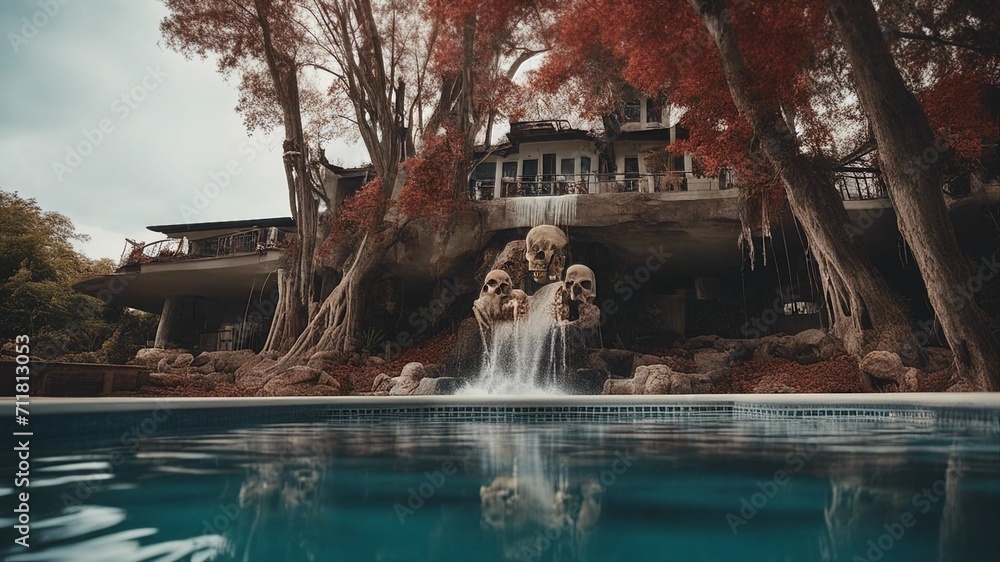 Obraz premium fountain in the park Horror swimming pool with a waterfall of skull, with a landscape of dead trees and skulls, 