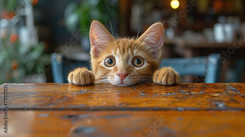 Curious orange tabby kitten peeking over wooden surface