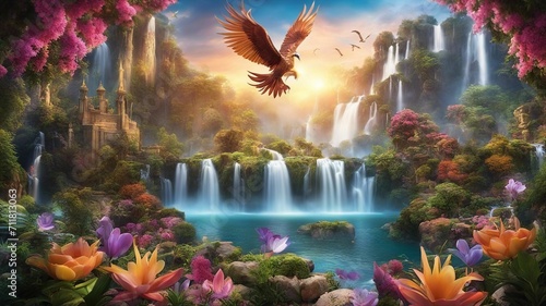 waterfall in the forest Fantasy mural of a mythical landscape, with exotic flowers, multi colors Waterfall murial ,  photo