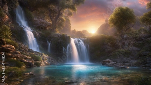 waterfall in the forest ethereal fantasy concept art of masterpiece  macro photo of   Colorful landscape  