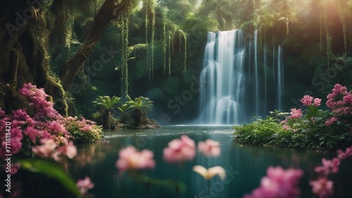 waterfall in the park Fantasy  waterfall of magic  with a landscape of enchanted trees and flowers  with waterfall  