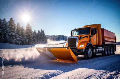 Snowplow truck removes snow on the winter road