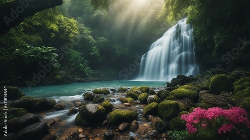 waterfall in the jungle Fantasy  waterfall of healing  with a landscape of sacred trees and flowers  peaceful waterfall  