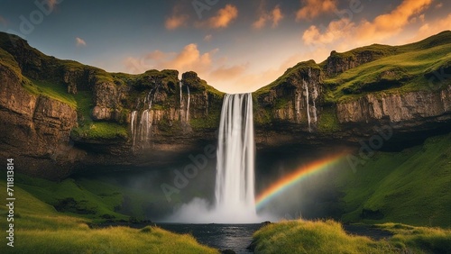 waterfall in rainbow Seljalandfoss waterfall at sunset 
