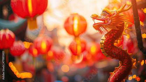 Chinese red paper lanterns and dragon statue in chinese new year festival photo