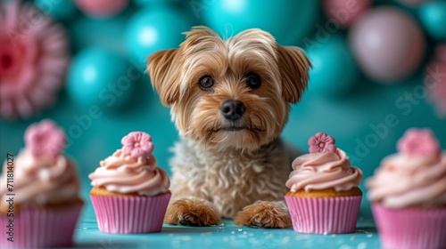Adorable dog with cupcakes celebration party concept