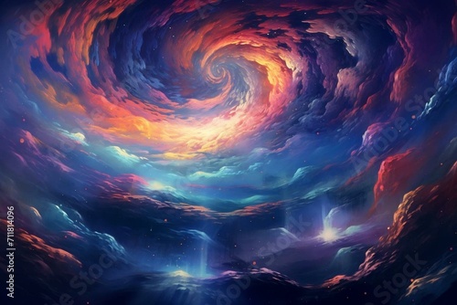 Illustration: twisted spiral of colorful clouds, futuristic patterns, heavy clouds, star, spaceship, space. Generative AI