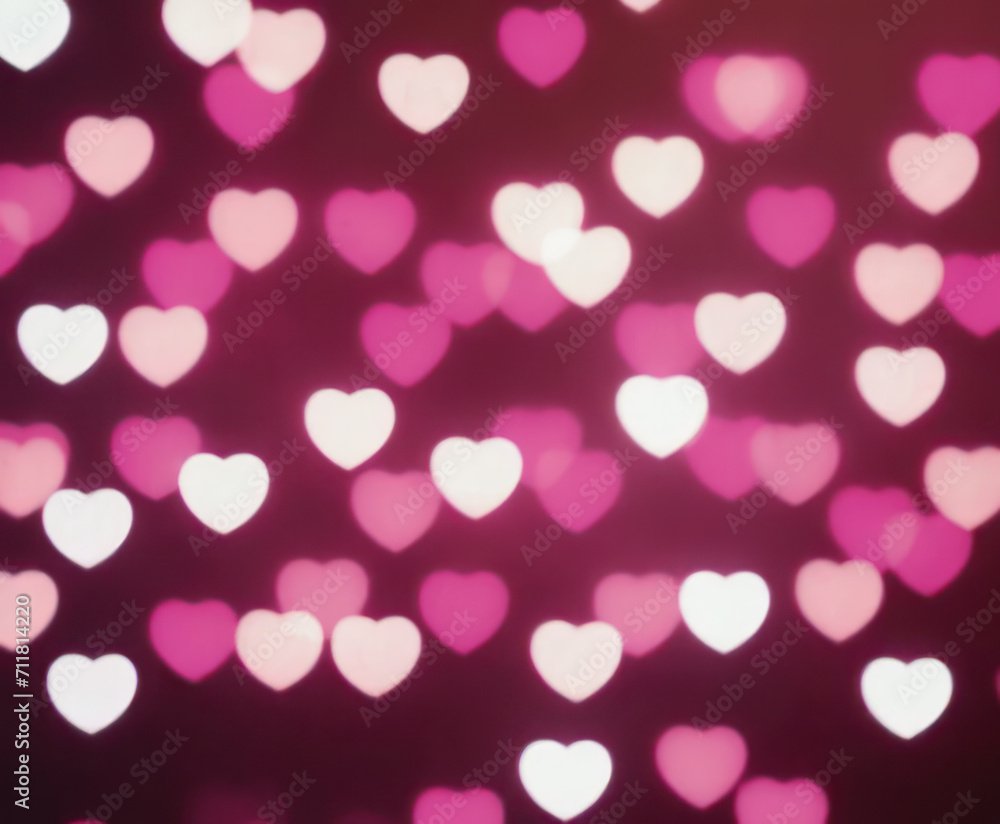 Pink Blurred Abstract Background with Cute Bokeh Hearts for Birthday.