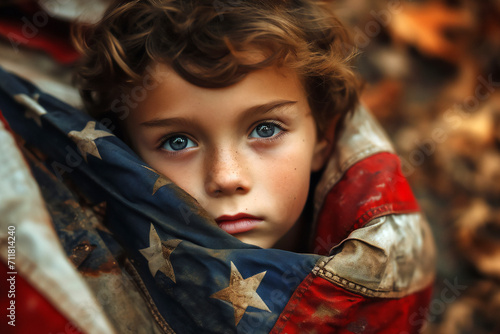 Poverty in the USA showing a homeless underprivileged teenage male in America with a distressed flag in the background outlining how his country has abandoned him, stock illustration image photo