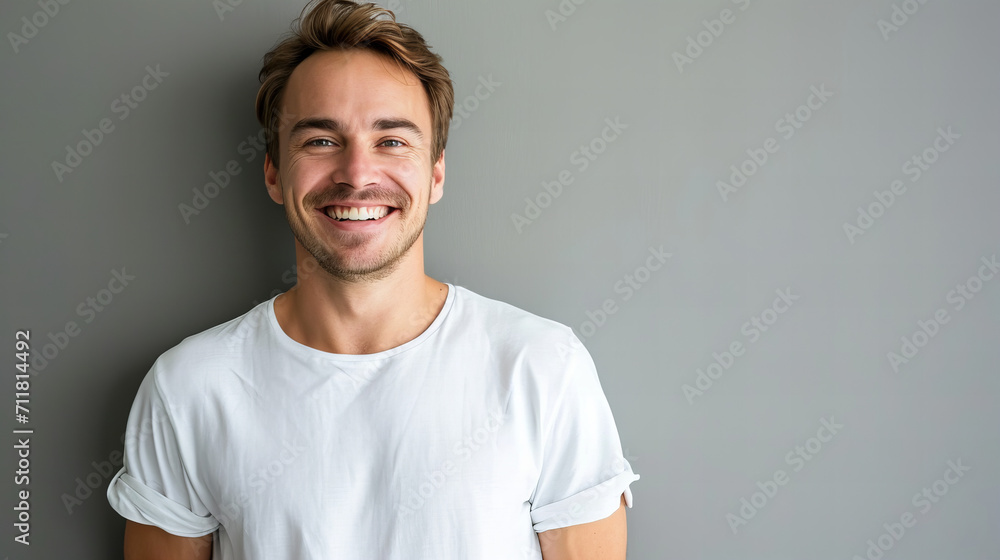 Obraz premium portrait of a smiling, handsome man in white T-shirt, isolated on grey background
