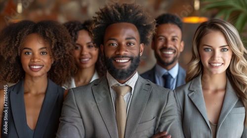Diverse professional team smiling in business attire for corporate portrait photo