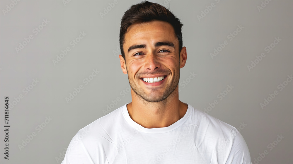 portrait of a smiling, handsome man in white T-shirt, isolated on grey background portrait of a smiling, handsome man in white T-shirt, isolated on grey background
