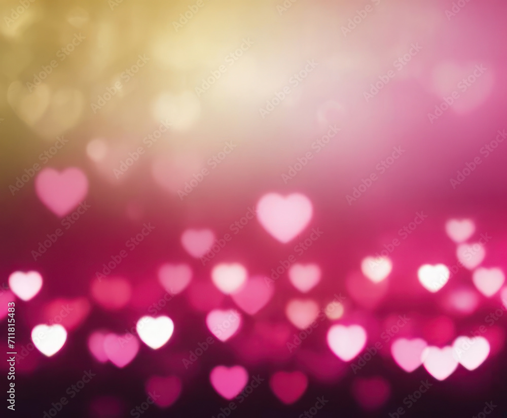 Pink blurry abstract background with cute bokeh hearts for March 8.
