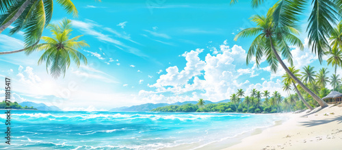 A sunlit tropical beach panorama with gentle waves lapping onto the shore, surrounded by lush palm trees and a clear blue sky.