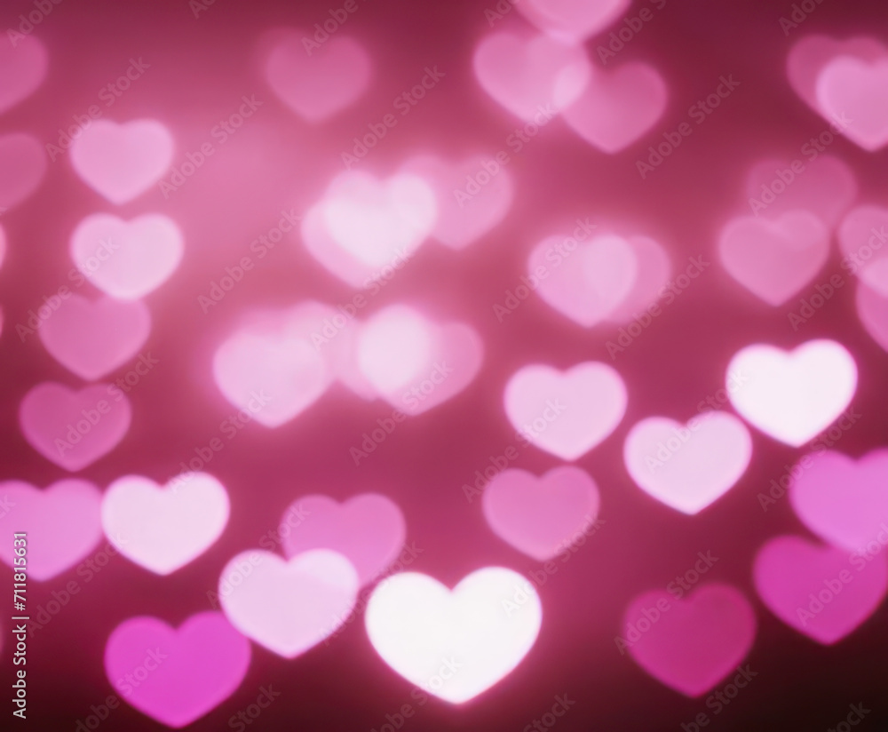 Pink blurry abstract background with cute bokeh hearts for March 8.