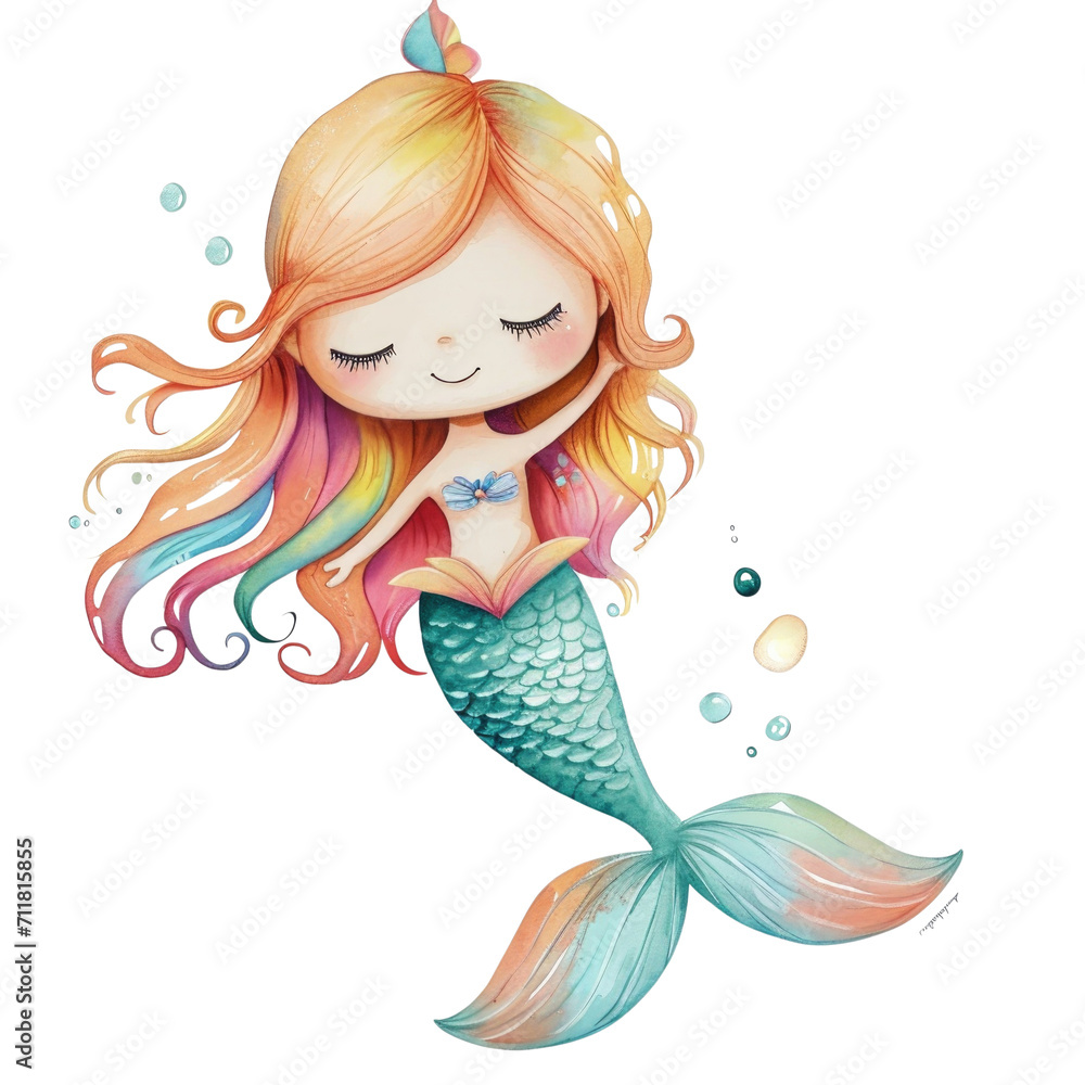 A whimsical illustration of a cute cartoon mermaid with flowing red hair, a colorful tail, and bubbles against a white background