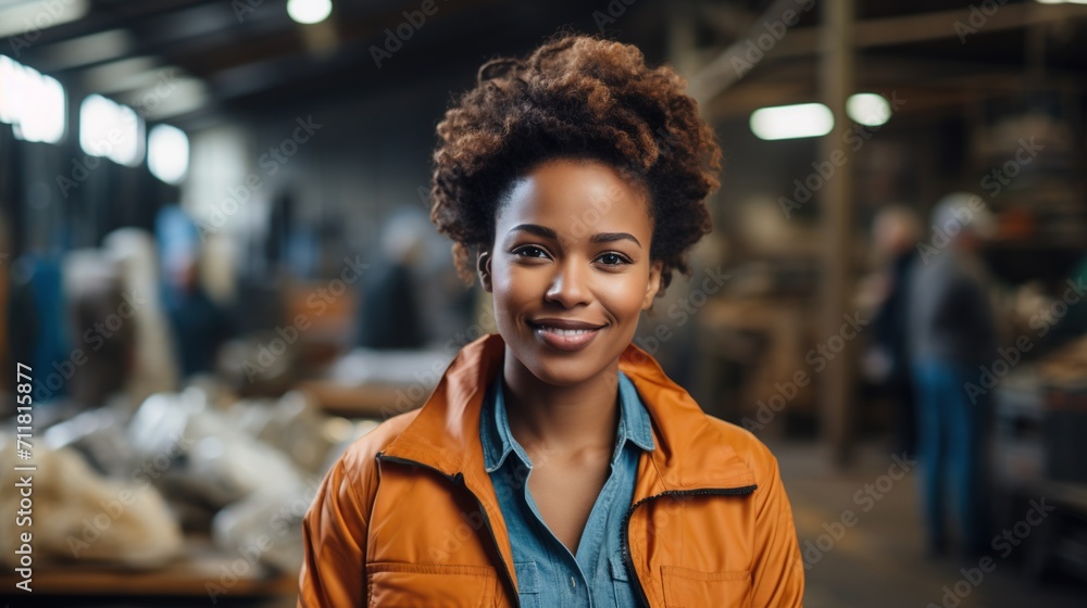 Fototapeta premium Portrait of a smiling African American woman in an orange jacket in a warehouse