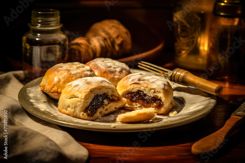 Satisfy your sweet tooth with an Eccles cake, beautifully presented on a wooden table. A delectable treat capturing the essence of British pastry delights. photo