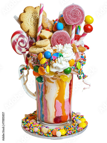 An extravagant milkshake topped with assorted candies and sweets, transparent background