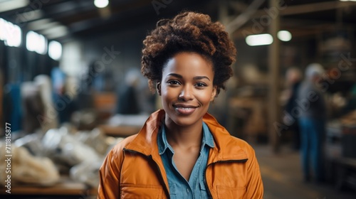 Portrait of a smiling African American woman in an orange jacket in a warehouse © duyina1990
