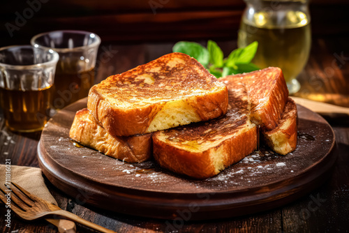Indulge in the simple pleasure of eggy bread, expertly served on a rustic wooden table. A delicious dish capturing the essence of comfort and flavor.