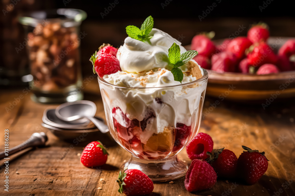 Relish the sweet delight of Eton Mess, artfully served on a wooden table. This delectable dessert captivates with its blend of berries, meringue, and cream. Relish the sweet delight of Eton Mess, artfully served on a wooden table. This delectable dessert captivates with its blend of berries, meringue, and cream.