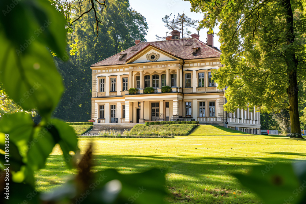 Jugendstil Villa with Perfectly Manicured Park, Detail Shot, Brightly Renovated Facade
