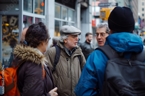 People interacting on the streets, street talking, people interacting, having a chat with different diverse people on the street