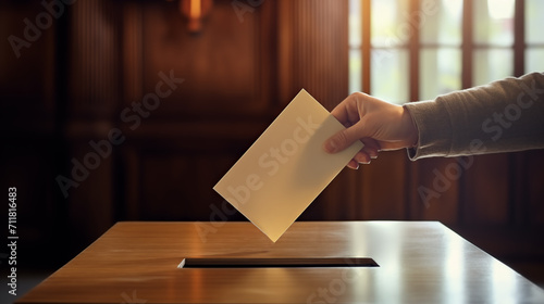 A hand of man putting his ballot in election box. Voit, election.