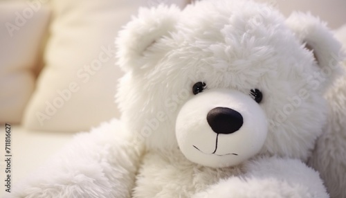Close-up of a large plush teddy bear a cherished children's toy in pristine white the intricate stitching and cuddly texture showcased in exquisite detail with a high-definition camera © Teddy Bear