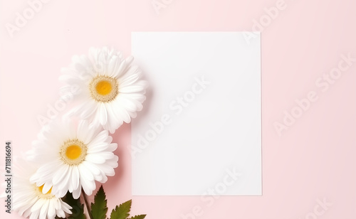Top view of white vertical card on pink background with flowers, blank paper sheet mockup with copy space, Generative AI