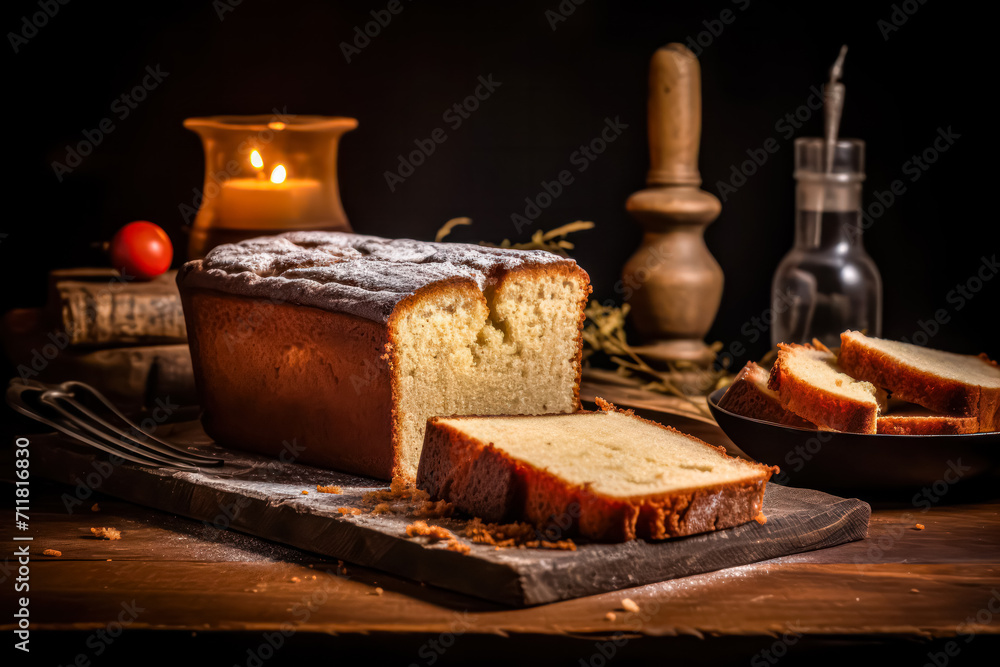 Savor the zesty goodness of a lemon drizzle cake, beautifully presented on a wooden table. This delightful dessert captures the essence of citrusy indulgence.