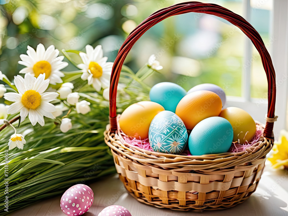 Colored Easter Eggs in Wicker Basket with Flowers - DOF Window Sunlight in Background Holiday