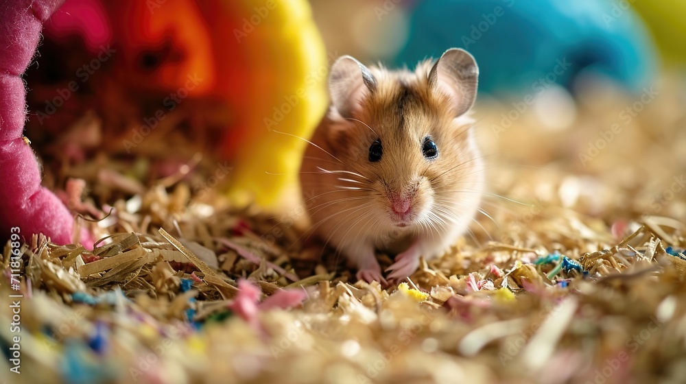 A hamster plays in a colorful environment. Created with Generative Ai technology. A hamster plays in a colorful environment. Created with Generative Ai technology.