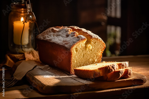 Savor the zesty goodness of a lemon drizzle cake, beautifully presented on a wooden table. This delightful dessert captures the essence of citrusy indulgence.