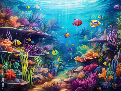 Vibrant underwater world featuring surreal marine life, showcasing a multitude of colors and mesmerizing beauty.