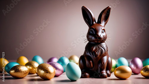 Chocolate Easter Bunny with Foil Covered Candy Gradient Colored Background Wallpaper