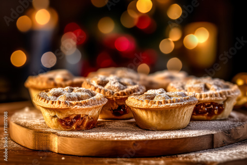 Relish the festive taste of a mince pie, gracefully presented on a wooden table. This delectable treat captures the essence of holiday sweetness and tradition.