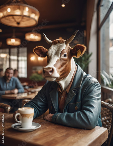 an anthropomorphic bull in a leather jacket rests in a cafe with a cup of coffee