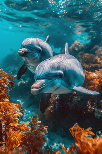 Dolphins on the coral reef. Dolphins swimming in the ocean. 