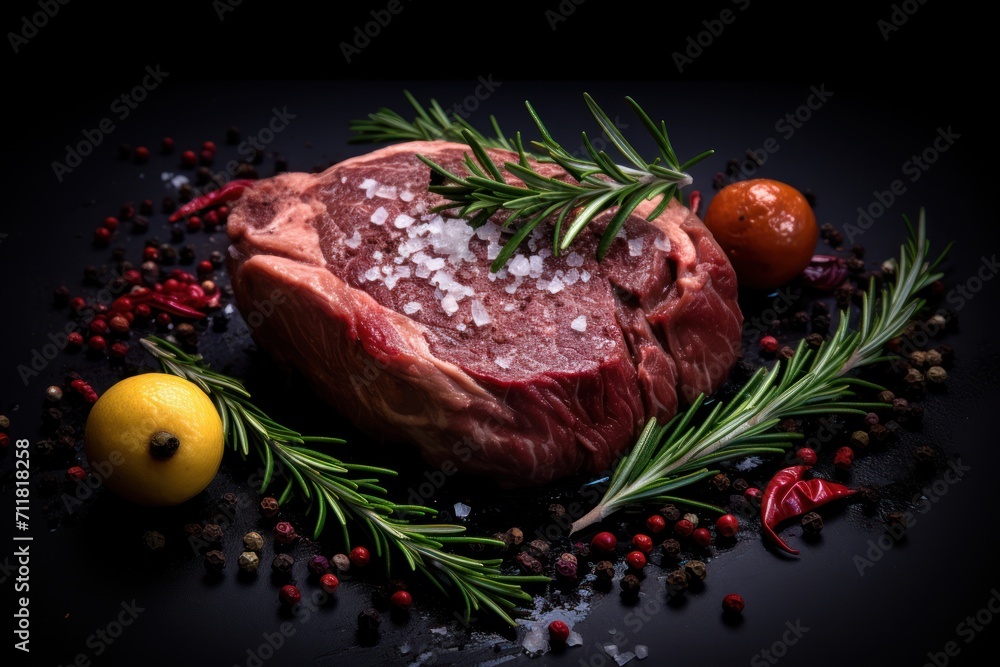 Delicious juicy raw steak with on a dark background with spices Ai generative